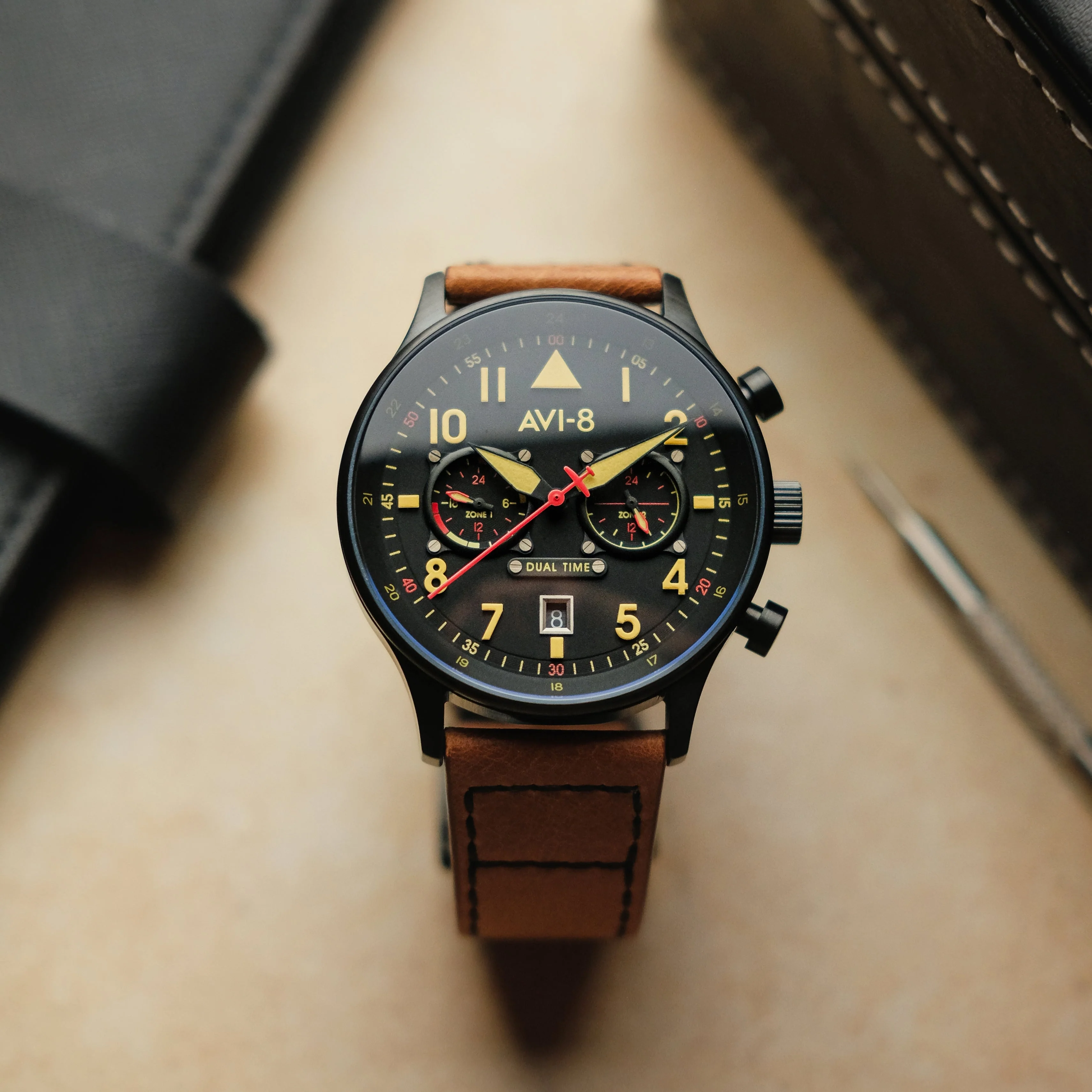 AVI-8 Carey Dual Time Men's Black Brown Chronograph Watch - Image 4