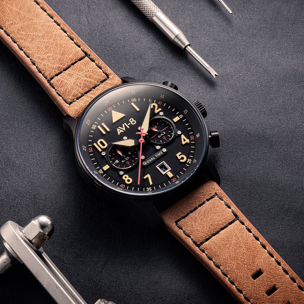AVI-8 Carey Dual Time Men's Black Brown Chronograph Watch - Image 5