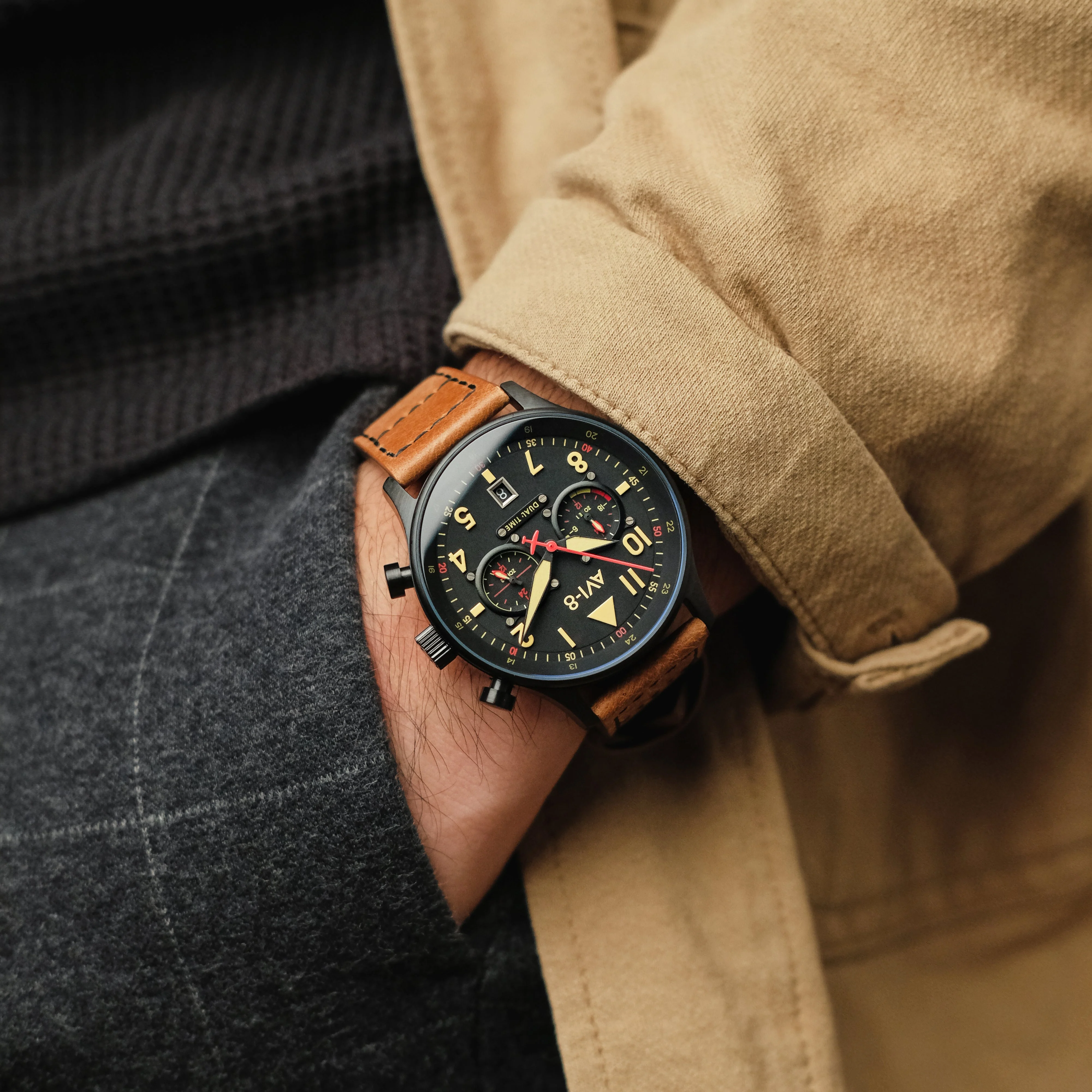 AVI-8 Carey Dual Time Men's Black Brown Chronograph Watch - Image 8