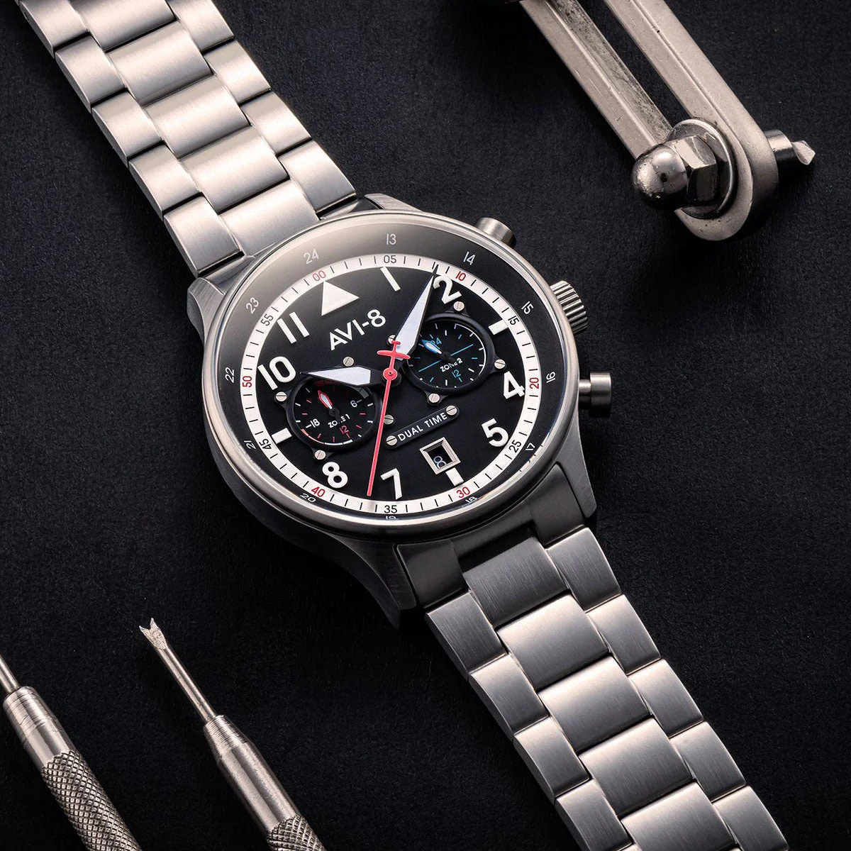 AVI-8 Carey Dual Time Rangoon Black Chronograph Watch - Image 6