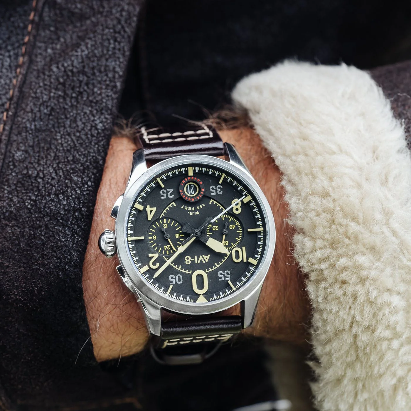 AVI-8 Spitfire Lock Men's Black Brown Chronograph Watch - Image 3