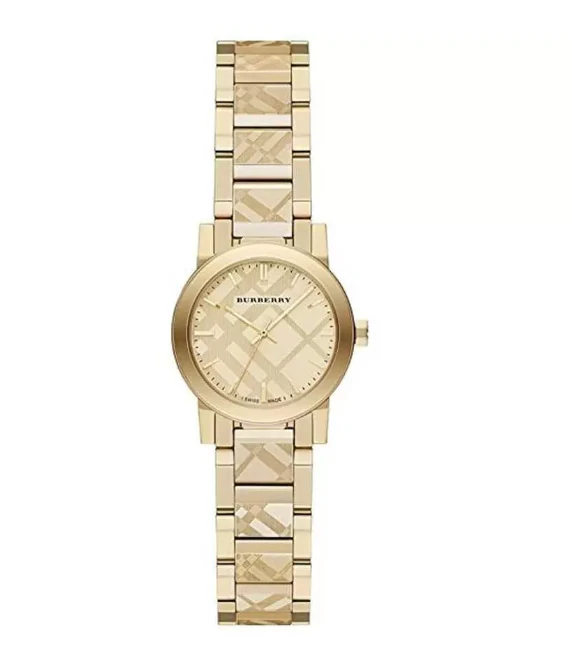 Burberry Ladies The City Engraved Check Gold 26mm Watch