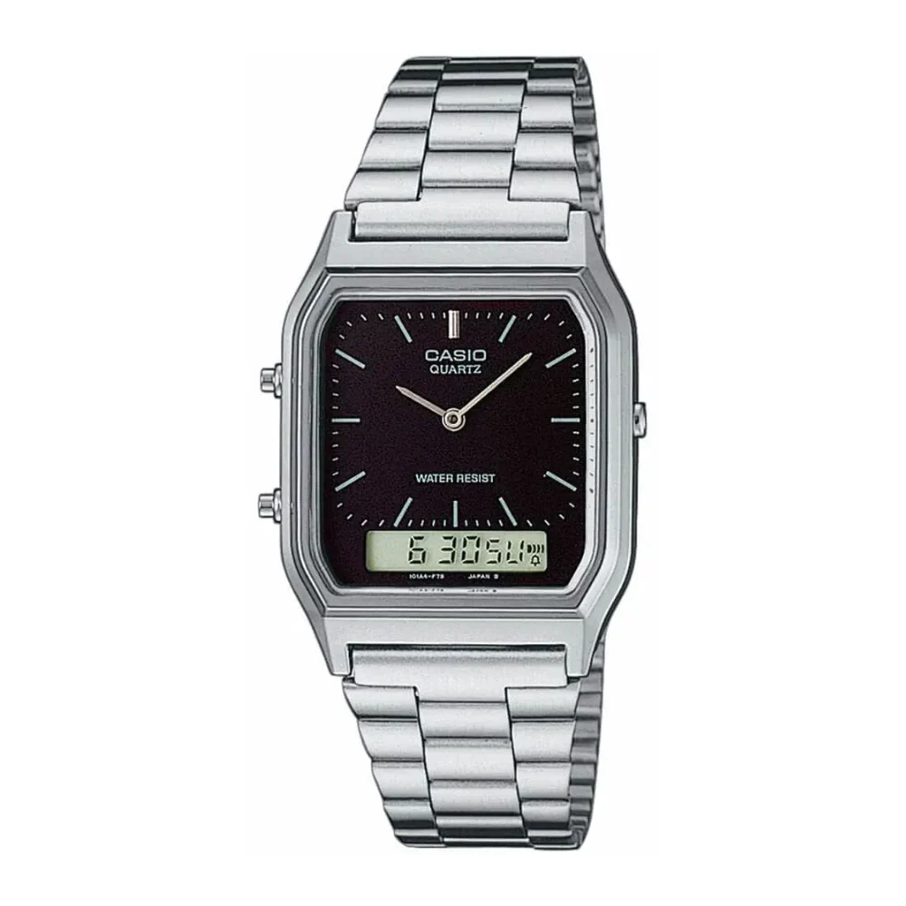 Casio Watch Vintage Retro Black Dual Time Steel