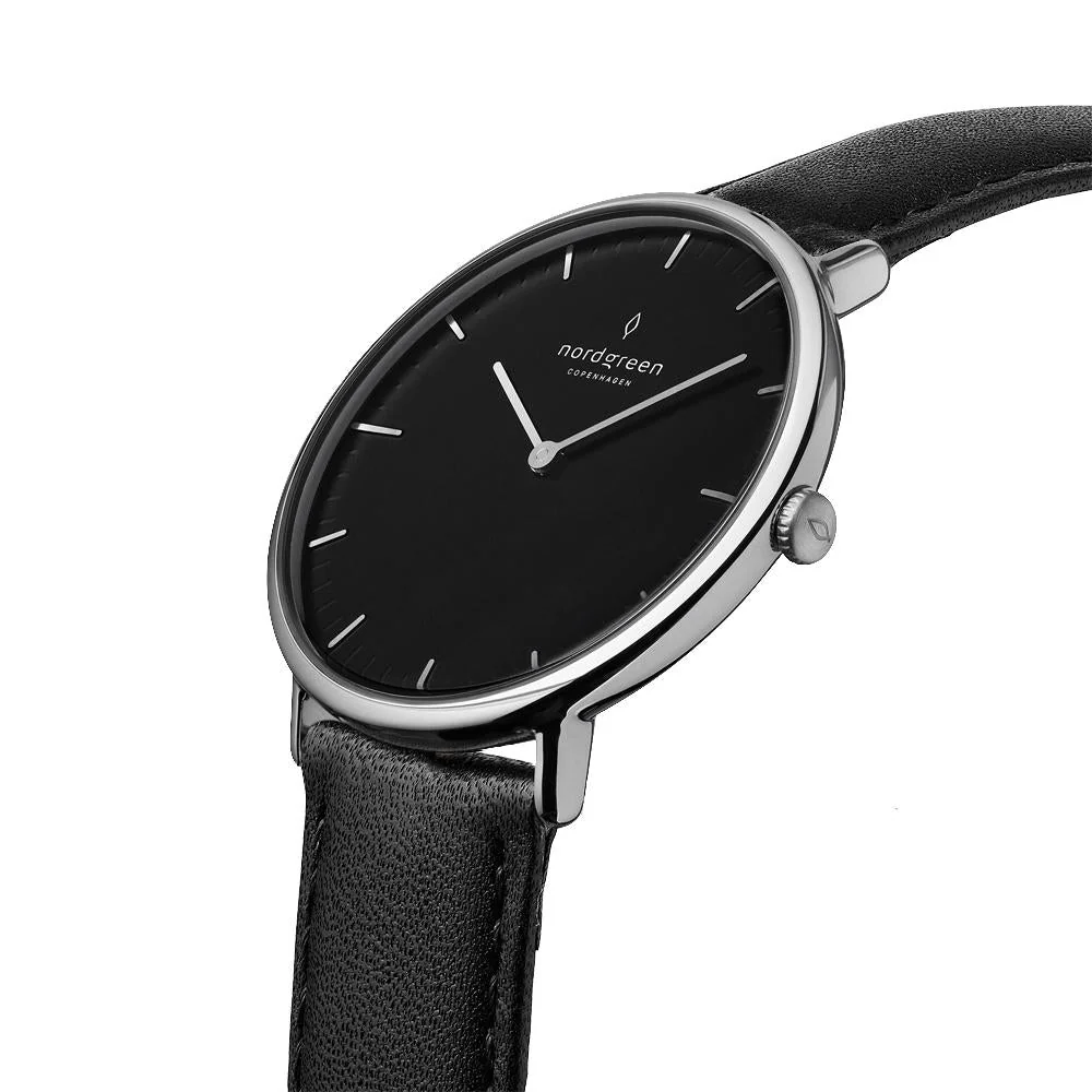 Nordgreen Native Black Leather 32mm Silver Case Watch - Image 3