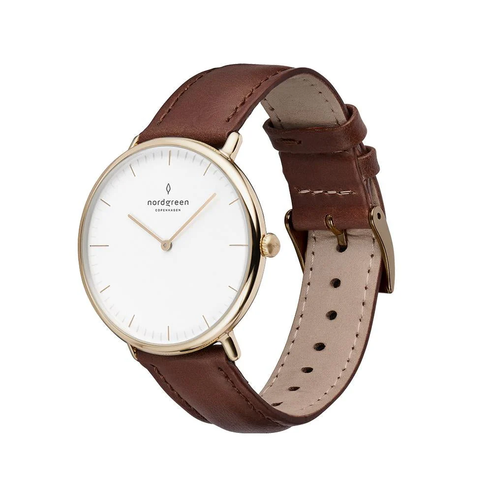 Nordgreen Native Dark Brown Leather 32mm Gold Case Watch - Image 3