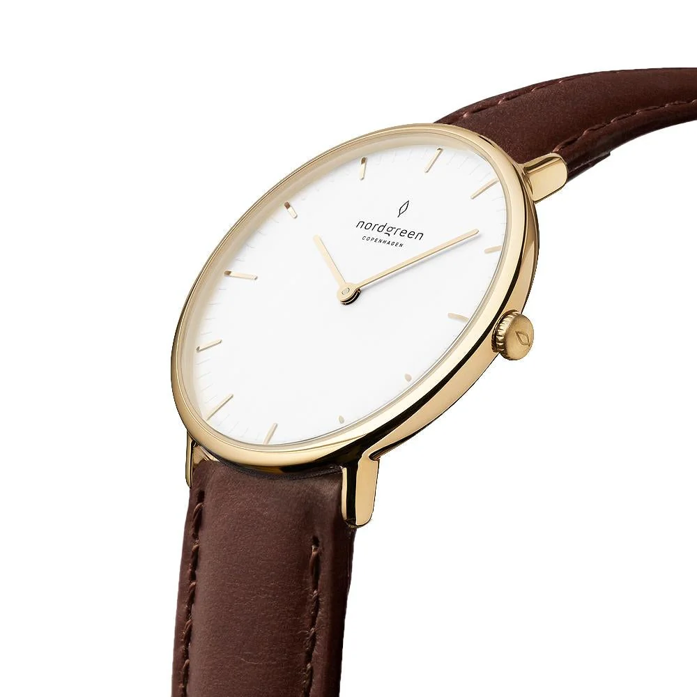 Nordgreen Native Dark Brown Leather 32mm Gold Case Watch - Image 4