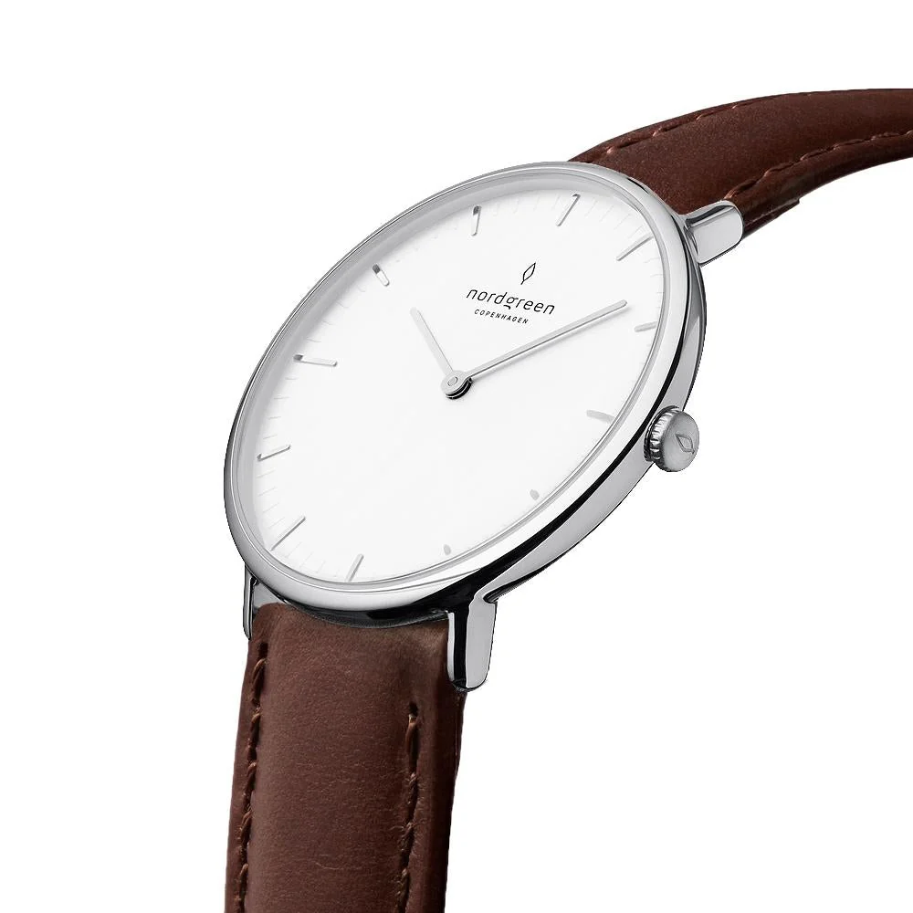 Nordgreen Native Dark Brown Leather 40mm Silver Case Watch - Image 3