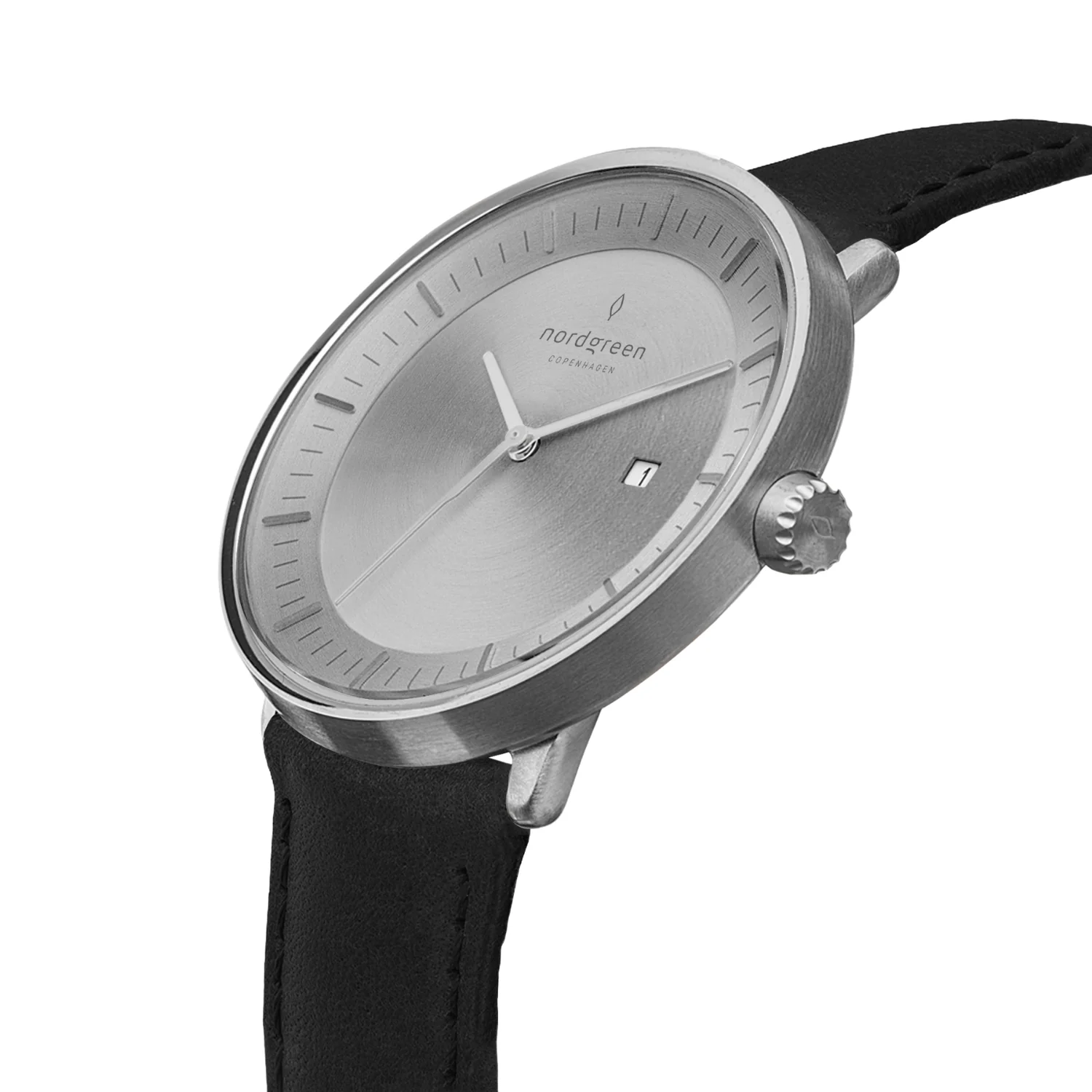 Nordgreen Philosopher Black Leather 40mm Silver Brushed Metal Dial Watch - Image 2