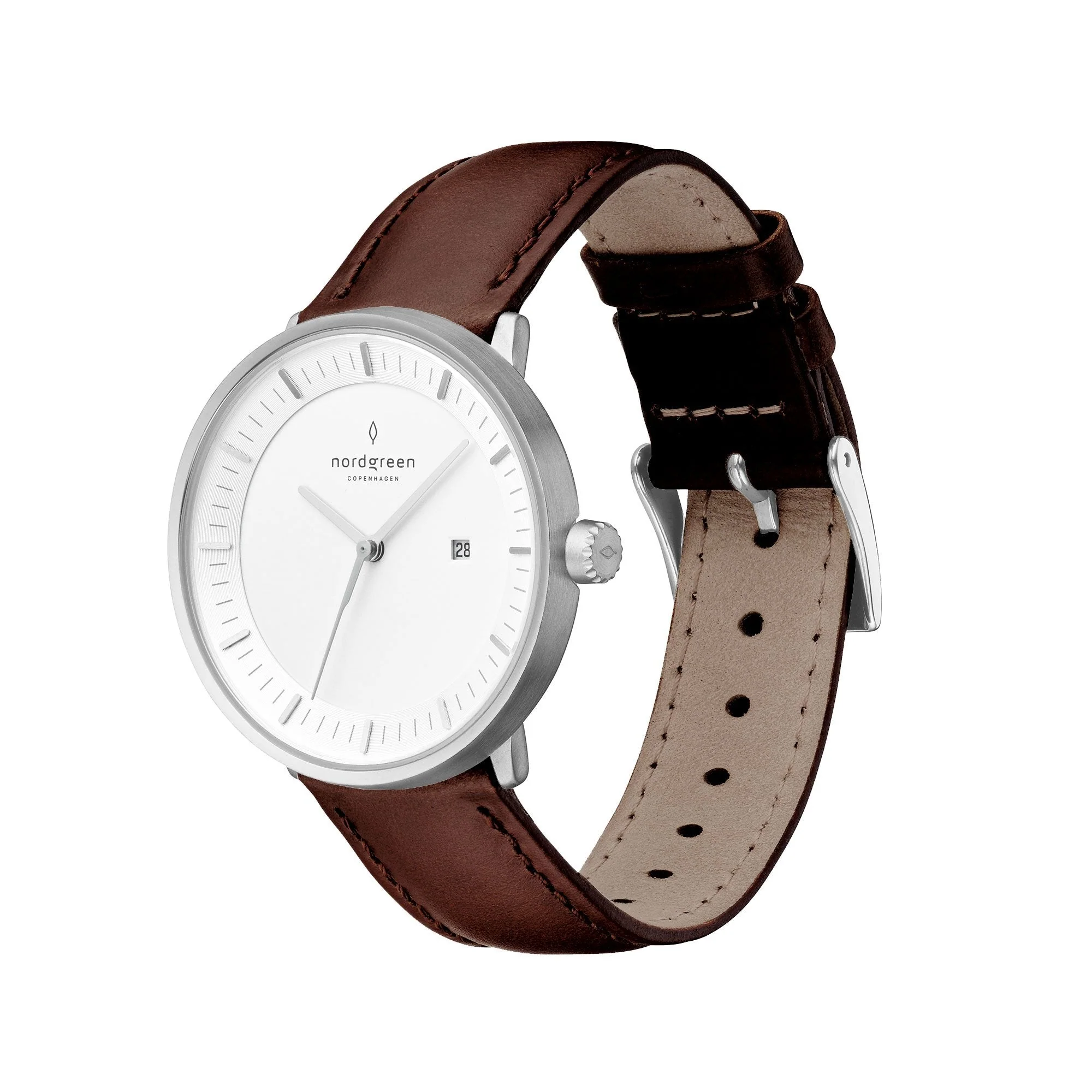 Nordgreen Philosopher Dark Brown Leather 40mm Silver Case Watch - Image 3