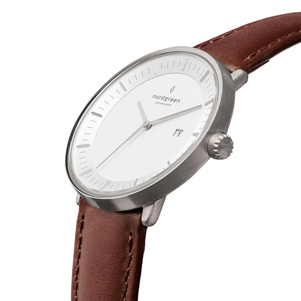 Nordgreen Philosopher Dark Brown Leather 40mm Silver Case Watch - Image 4